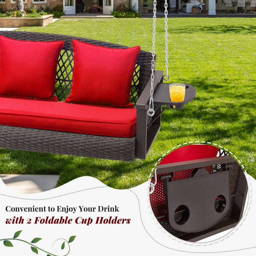 3 Seat Hanging Porch Swing with Cup Holder, Wicker Patio Swing Chair