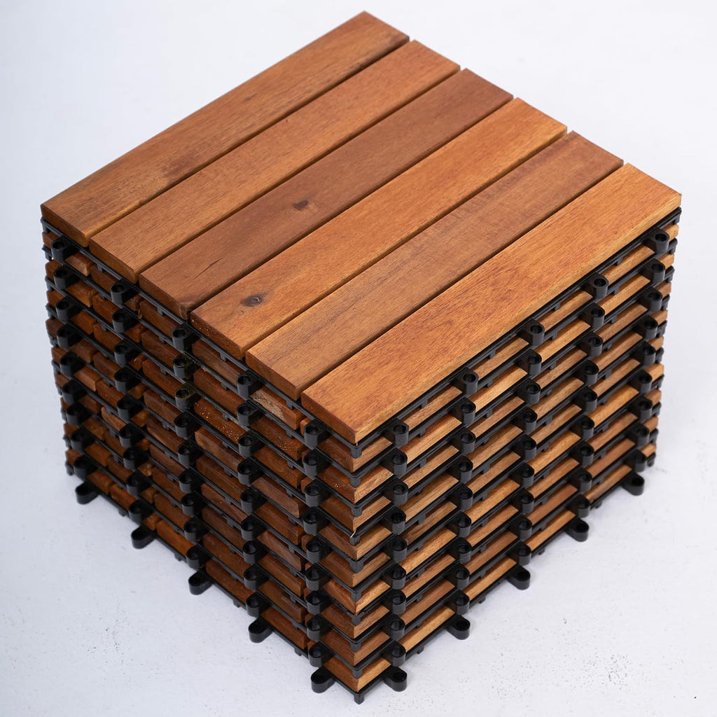Bliss Outdoors Hardwood 6-Slat Interlocking Deck Tiles, Acacia Wooden Waterproof Patio Flooring for Balcony Indoor and