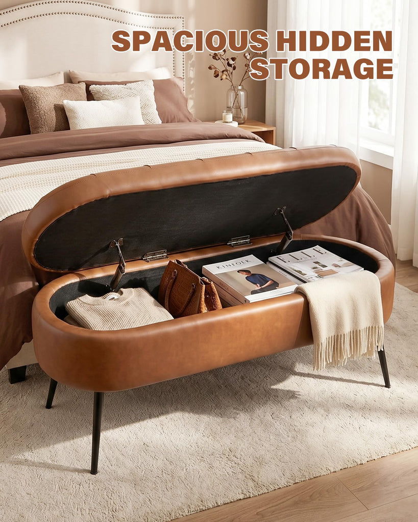 Storage Bench, 43.7" Leather Storage Ottoman Bench with Hinge, Brown