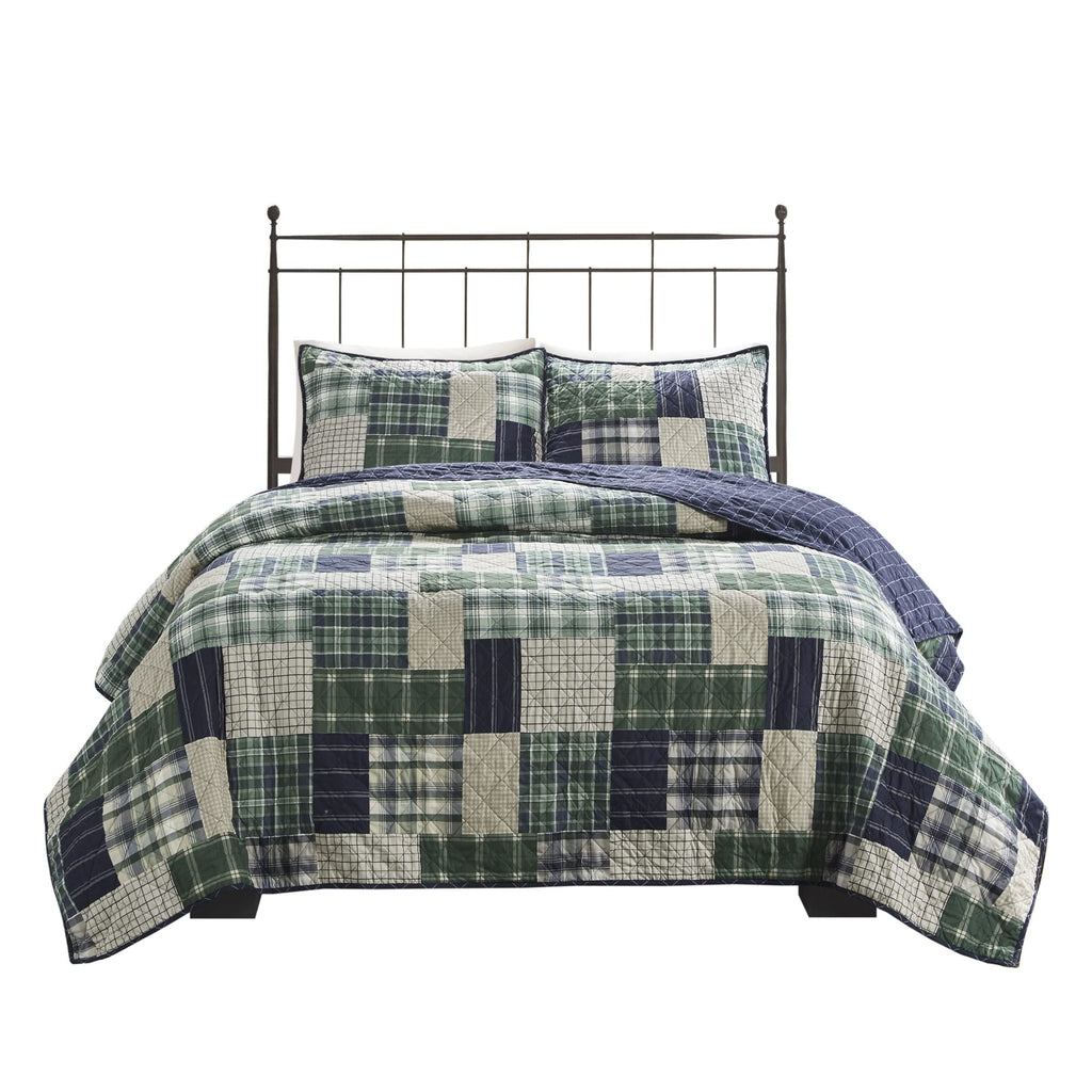 Patchwork Farmhouse Green/Navy Quilt Set, 3pc