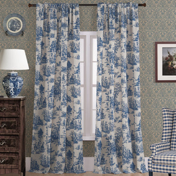 Royal Blue Curtains 108 Inches Long, Spring Nautical French Country Toile de Jouy Vintage Floral Pattern Print 108L