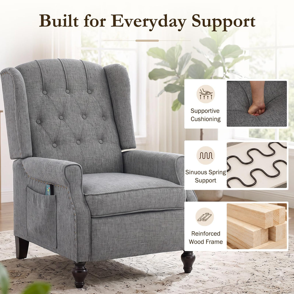 Wingback Recliner, Massage & Heat, Manual Push-Back, Light Gray