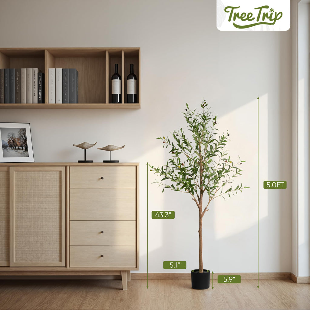 2-Pack 5 FT Olive Tree Artificial Indoor, Faux Olive Trees with Planter, Fake Tall Plants with Natural Trunk and