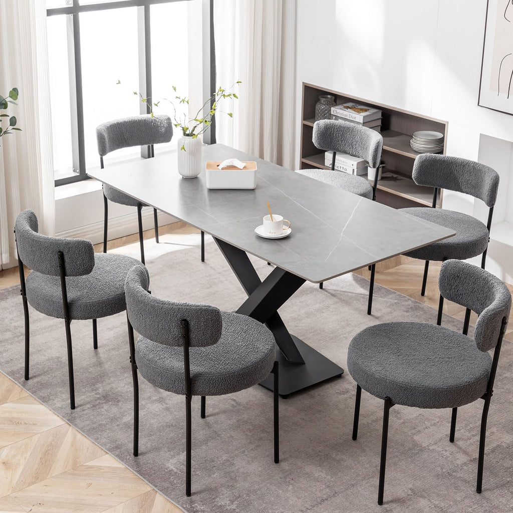 Grey Boucle Set of 6, Upholstered Dining Room Chairs with Black Metal Legs, Modern Dining Chair