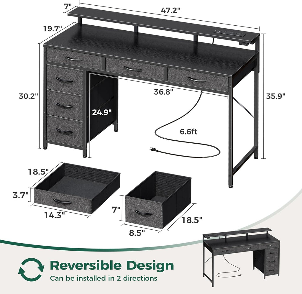 Gaming Desk with 6 Drawers, Computer Desk with LED Lights Power Outlets and Type-C, 47 Inch Office Desk with Storage