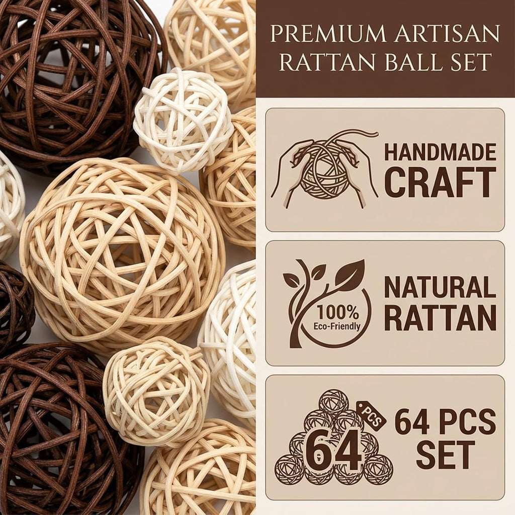 Rattan Balls Decorative Balls with Natural Woven Texture, Wicker Orbs for Vase Fillers, Decorative Balls - Set of 64