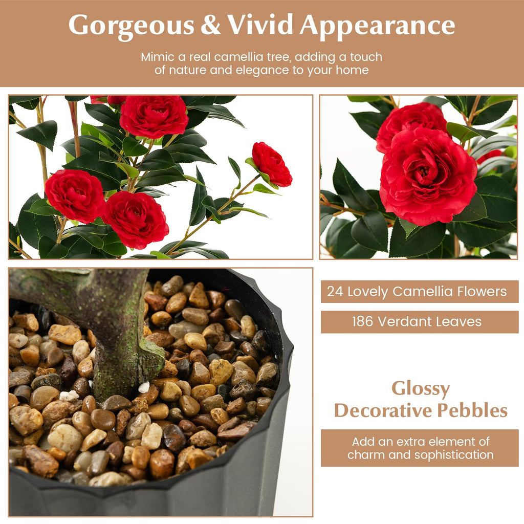 Artificial Camellia Tree Set of 2, 38" Tall Potted Plants Artificial Decoration w/Cement Pot, 24 Flowers, Decorative