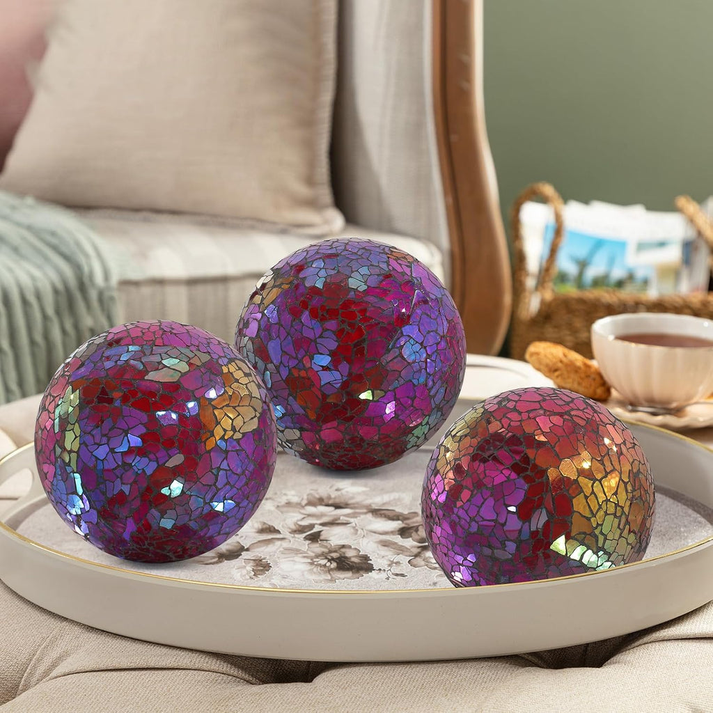 Mosaic Glass Orbs Decorative Balls 8.5cm/3.35inch Sphere Wedding Party Home Decor Table Centerpiece (Colorful - Set of 3