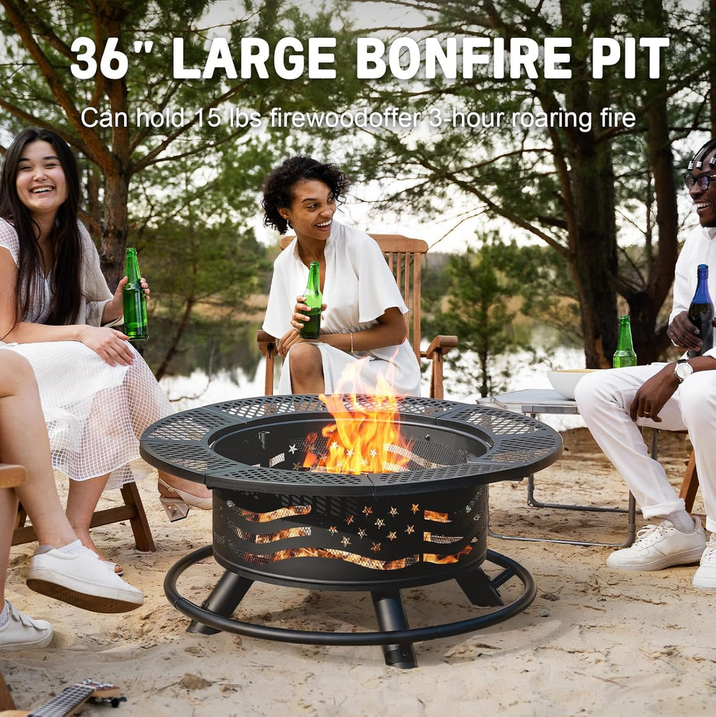 36 Inch Fire Pit with 2 Cooking Grates, Wood Burning BBQ Grill Firepit Bowl with Cover Lid, Steel Round Table - Black