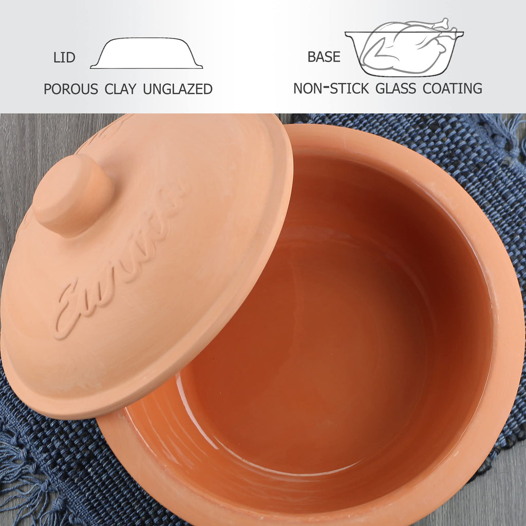 Eurita 4 Quart Terracotta Clay Non Stick Dutch Oven - Natural, Lead Cadmium‐Free, Oven & Microwave Safe, Rustic