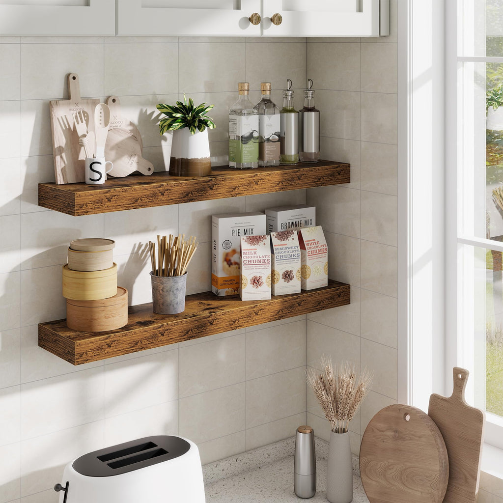 Floating Shelves 30 Inch, Wall Mounted Wood Shelf Set of 2, Farmhouse Decor, Rustic Brown