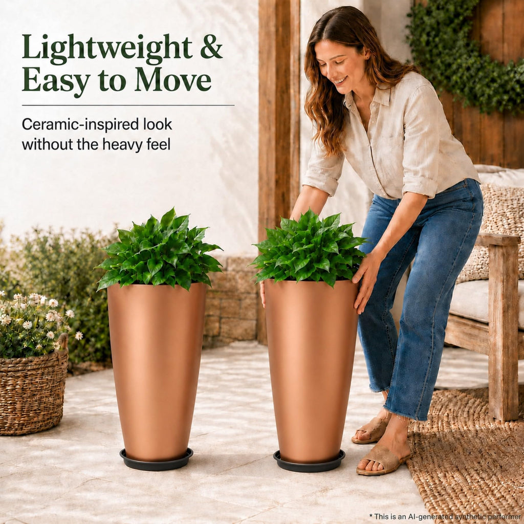 Set of 2 Tall Planter, 21 inch Large Plastic Planter, Rose Gold