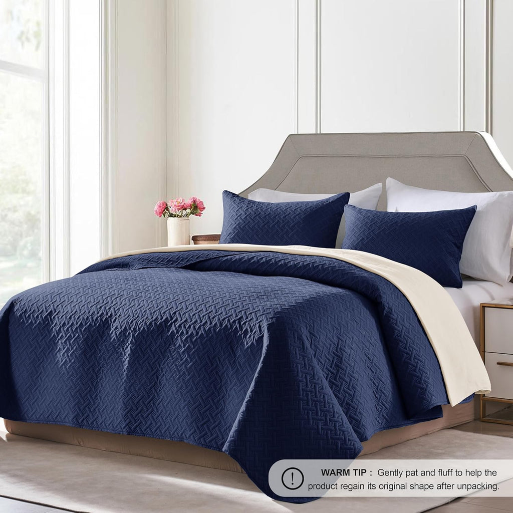 Quilts Queen - Ultra Soft Navy Blue Quilt Lightweight Microfiber Bedspreads, Classic Basket Weave Pattern Bedspread