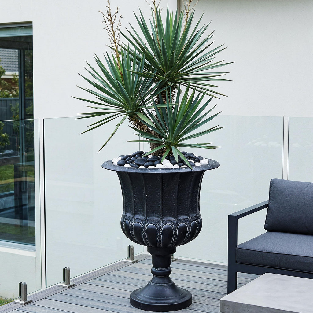 25" H. Metal Urn Planters 2-Pack - Black Traditional Classic Iron Plant Pots - Large Decorative Rustic Flower