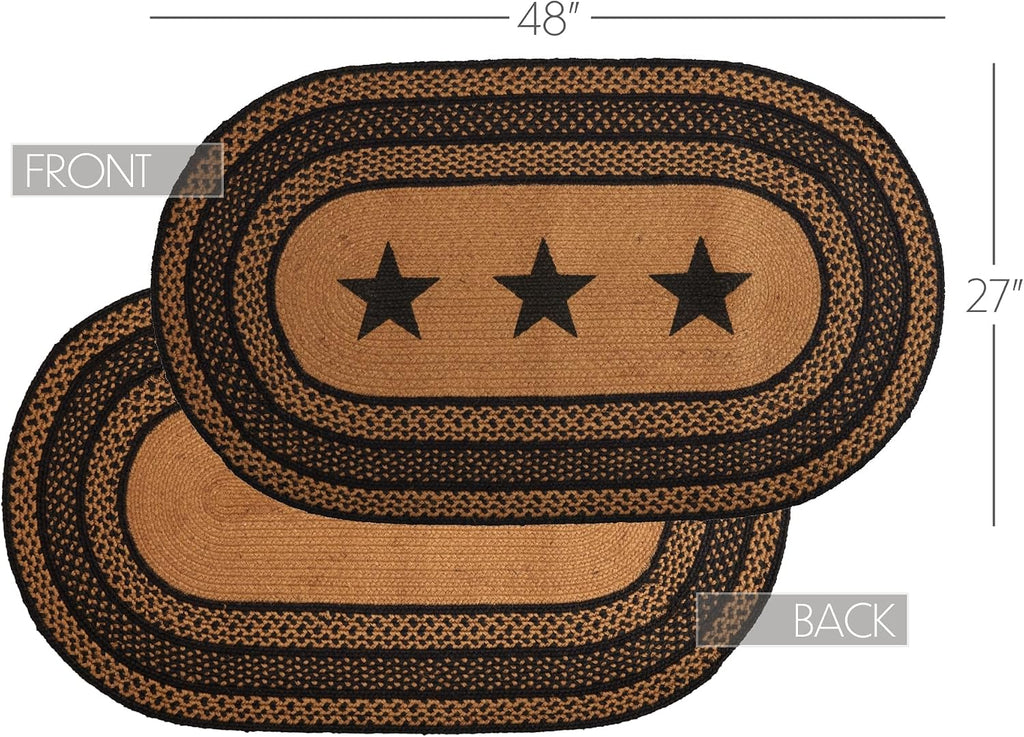 Farmhouse Primitive Jute Black Stenciled Stars Accent Rug Oval w/Floor Pad 27"x48"