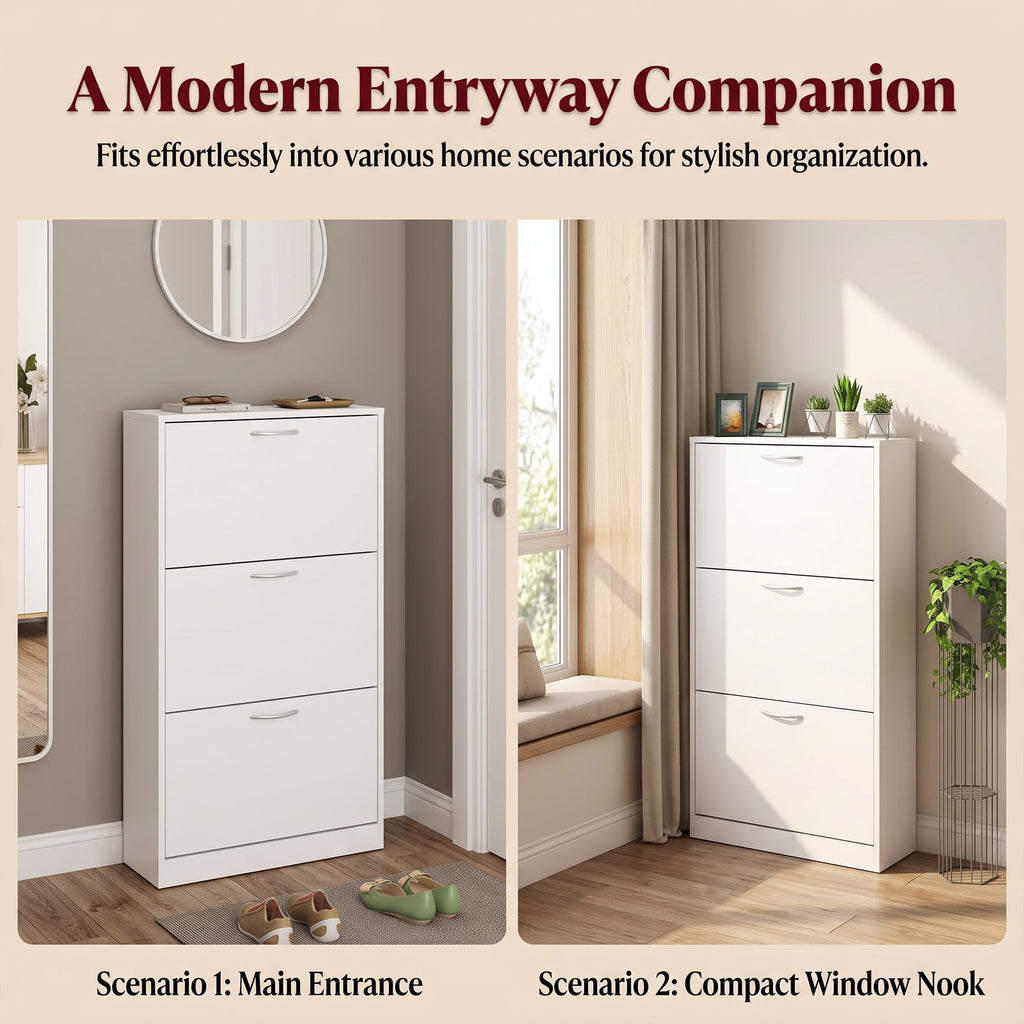 Shoe Cabinet, Narrow Shoe Storage with 3 Flip Drawers