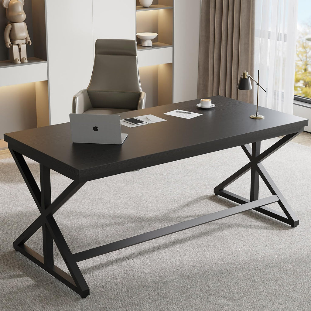 Modern Black Computer Desk, Long Home Office Desk for Study 60 Inch | Large Simple Wood Metal Work Writing Desk , Oak
