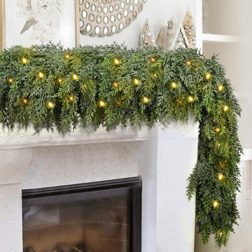 6FT Thick Christmas Cedar Garland with Lights, Layered Faux Greenery Decor