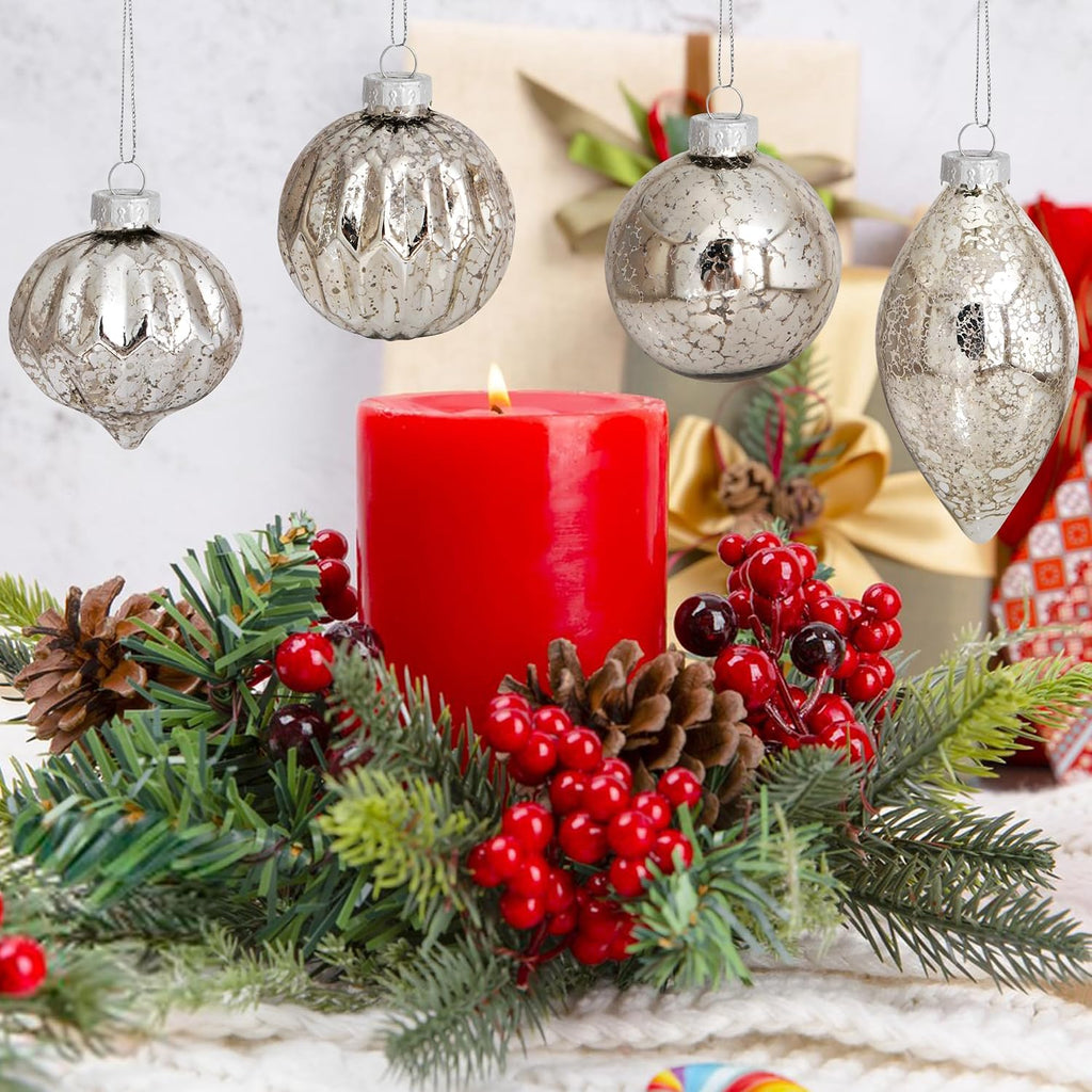 Mercury Glass Finials Christmas Ornament - Vintage Silver Hanging Ball - Set of 8