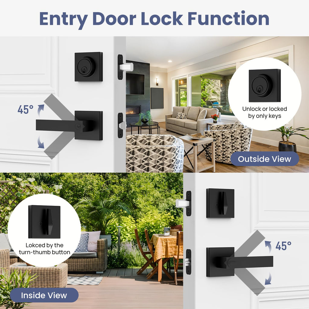 Door Locks for Front Door, Matte Black Exterior Door Handle and Single Cylinder Deadbolt Lock, Heavy Duty Modern