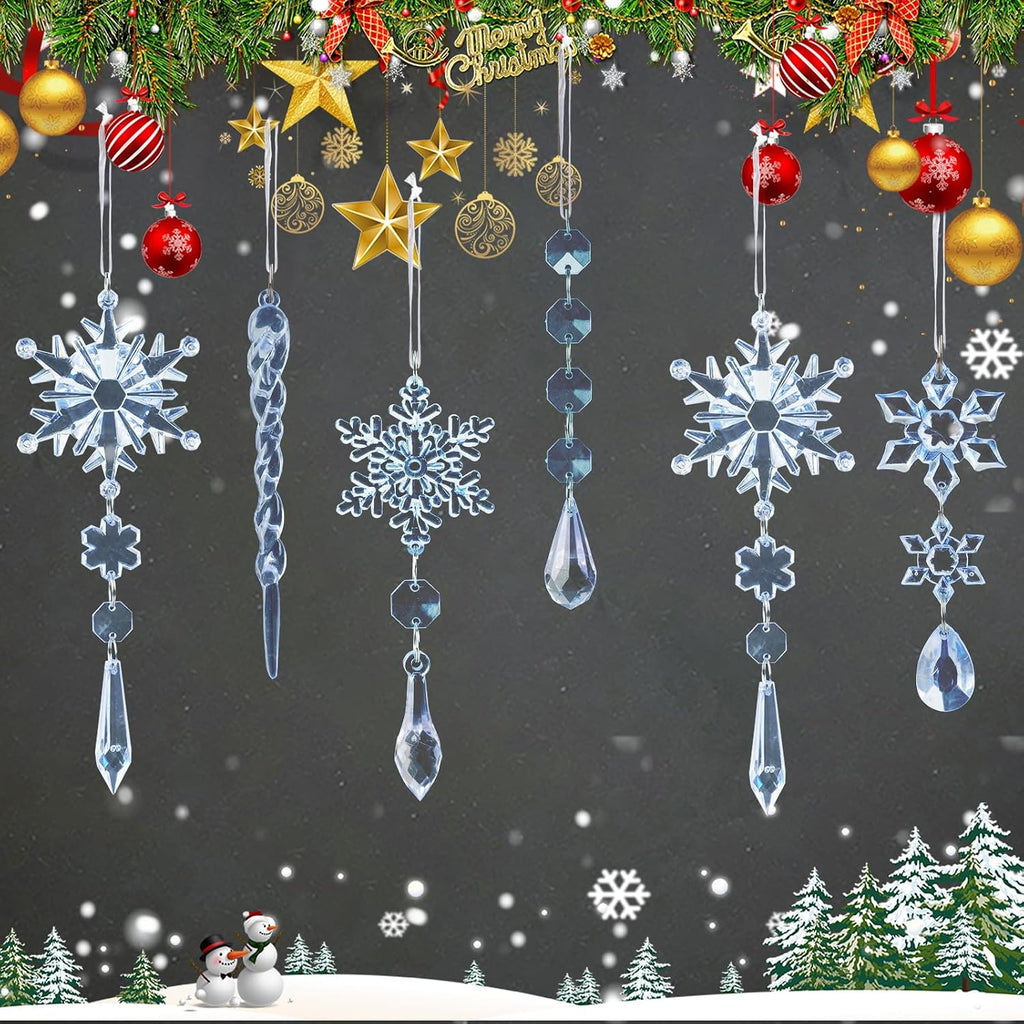 Crystal Christmas Tree Ornaments, Blue Acrylic Snowflake & Icicle - Set of 18