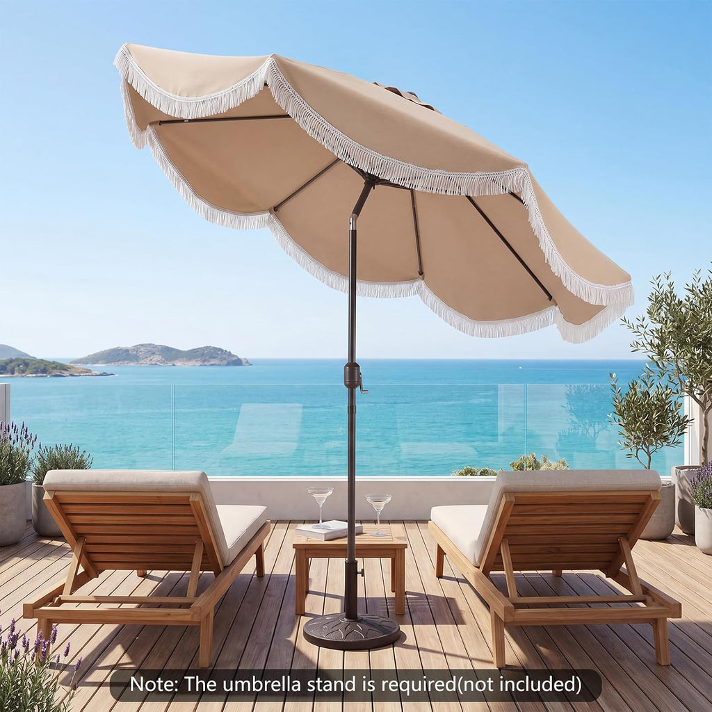 Patio Umbrella with Fringe, Boho Scalloped Canopy & Crank Lift - Beige 9 FT