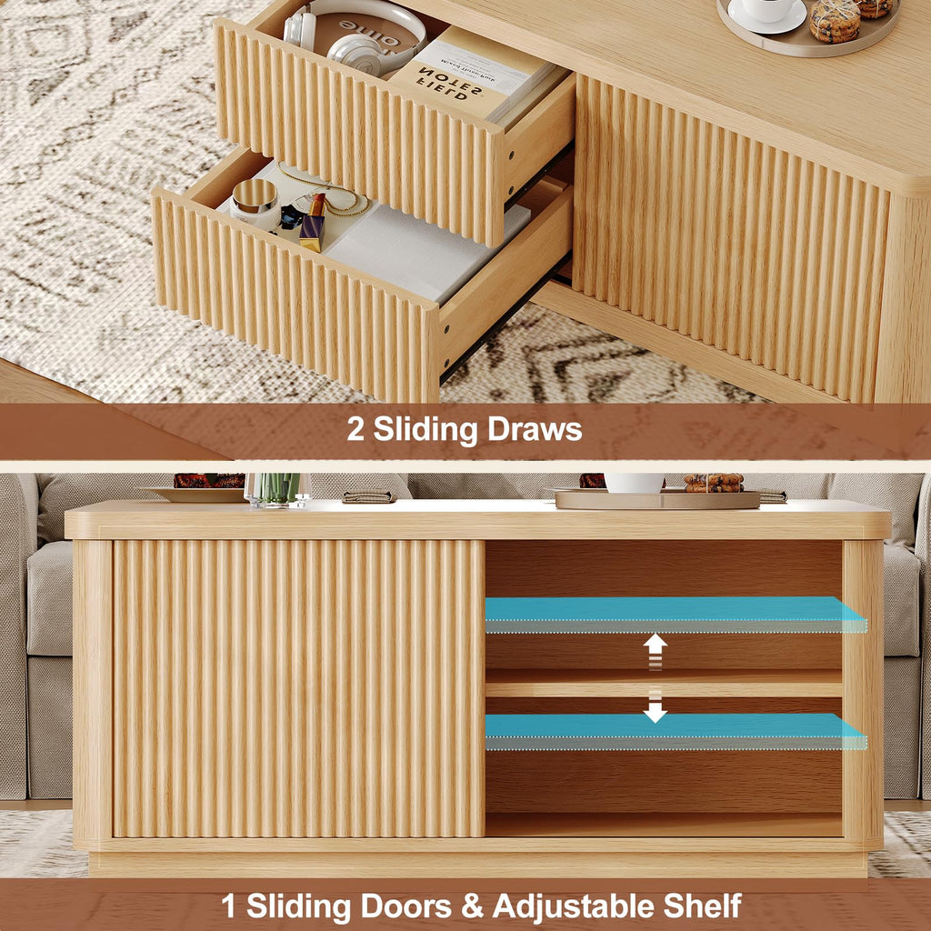 39.4'' Lift Top with Storage, Fluted Coffee Tables, Square with Large Hidden Compartment & 2 Drawrs & Adjustables