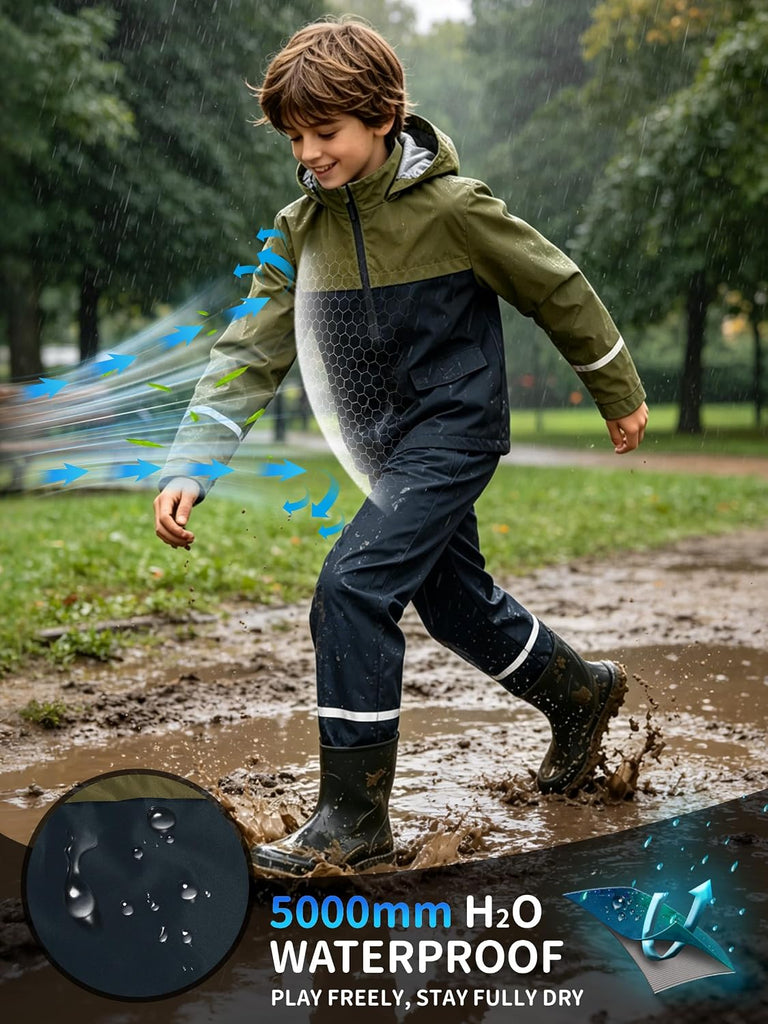 Kids Rain Suit Gear Boys Youth Rain Jacket and Pant Set