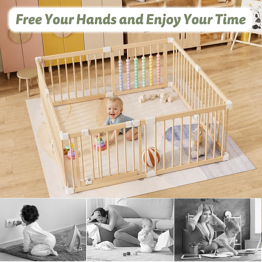 Wooden Baby Playpen, 8 Panels Fence for Babies and Toddlers 63.5"×63.5" | Size Adjustable Baby Play Yard with Locking