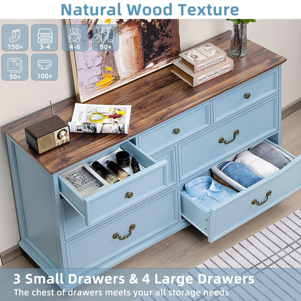 Farmhouse 54" 7 Drawers, Wide Wood Chest of Drawers w/ 4 Wooden Legs, Vintage Large Storage Dressers Organizer