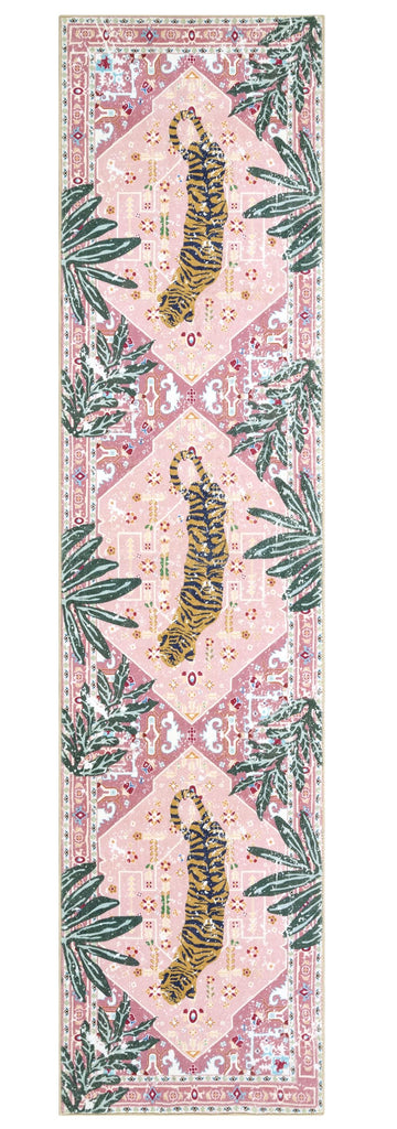 Oriental Tropical Hallway Runner Rug Washable, Thin Stain Resistant Pink Boho Runner Rug Kitchen Bedroom Laundry
