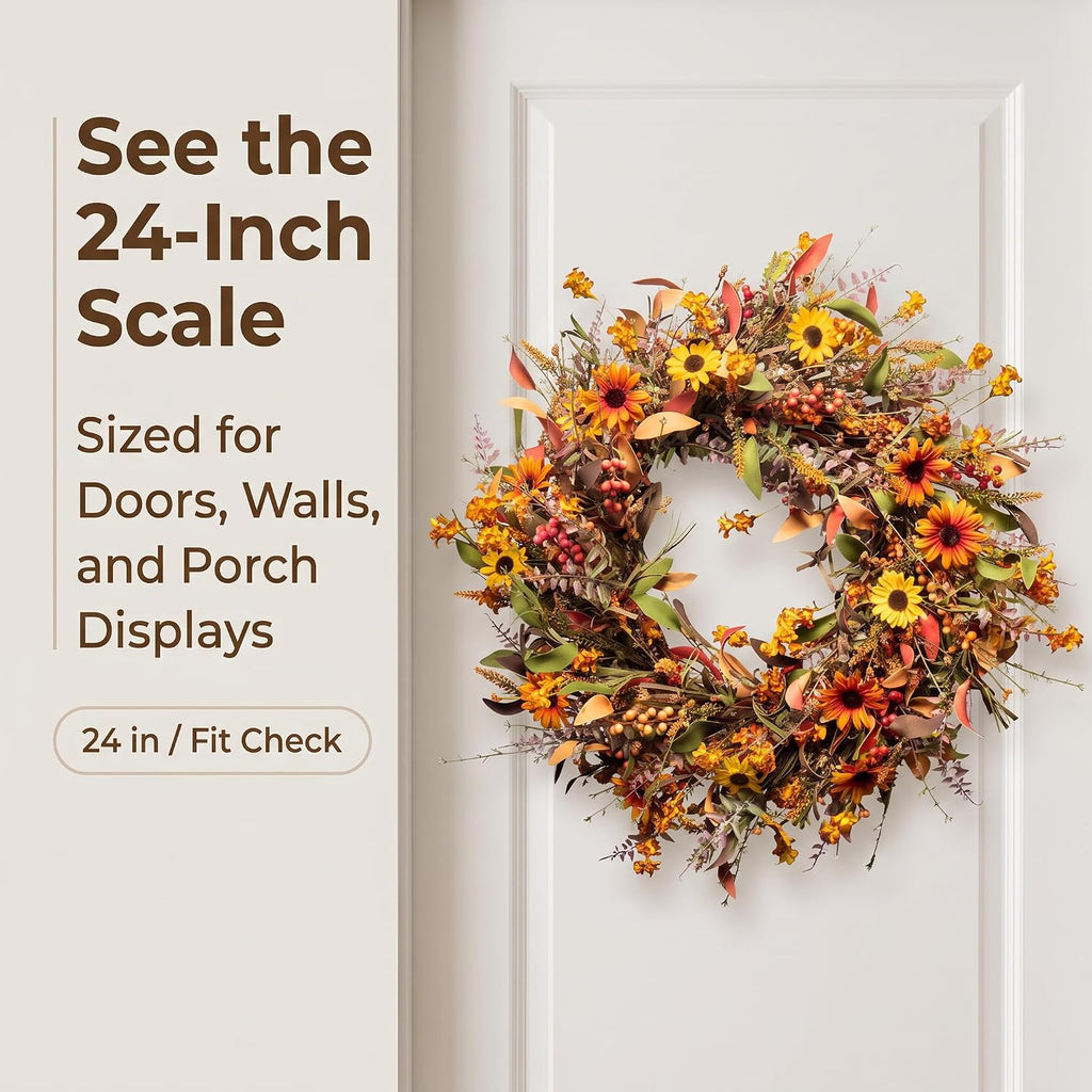 24 Inch Fall Wreaths for Front Door, Artificial Autumn Wreath with Sunflowers, Berries and Leaves, Thanksgiving
