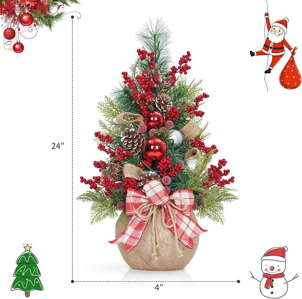 24" Pre-Lit Mini Christmas Tree with LED Lights - Battery Operated Tabletop Decor, Frosted Artificial Tree /Office