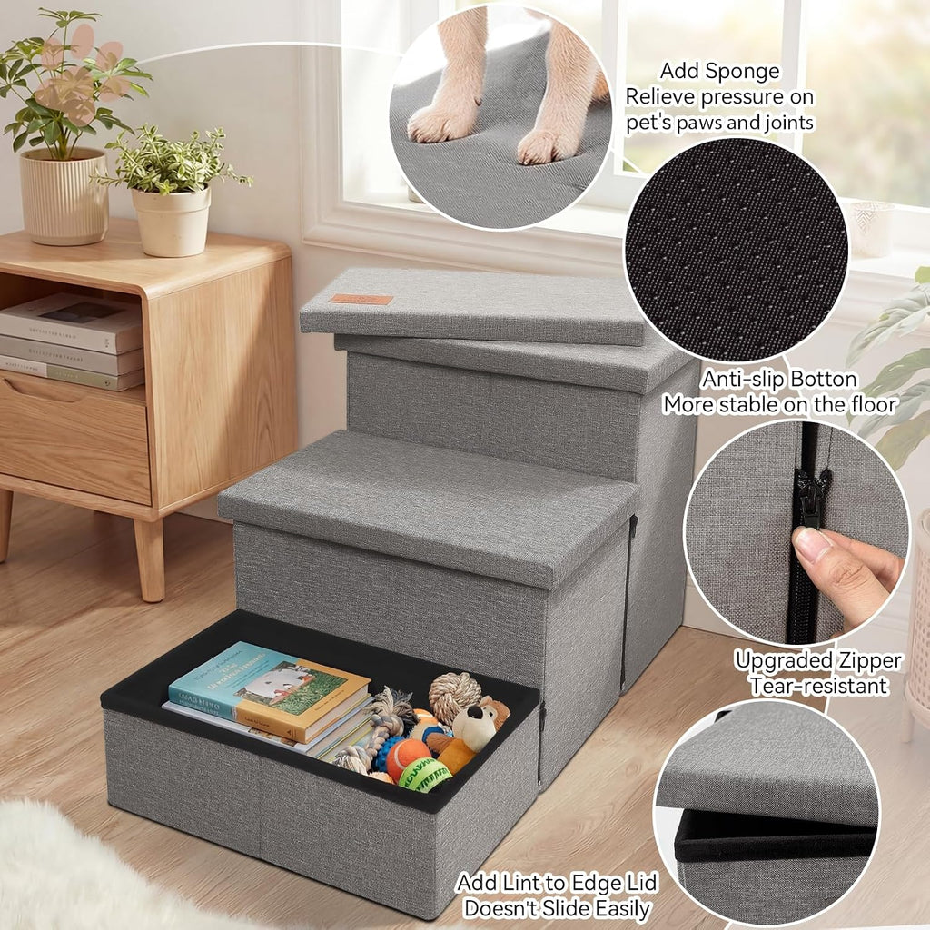 Dog Stairs with Storage, Grey 3 Steps Dog Ramp no Condo for Bed
