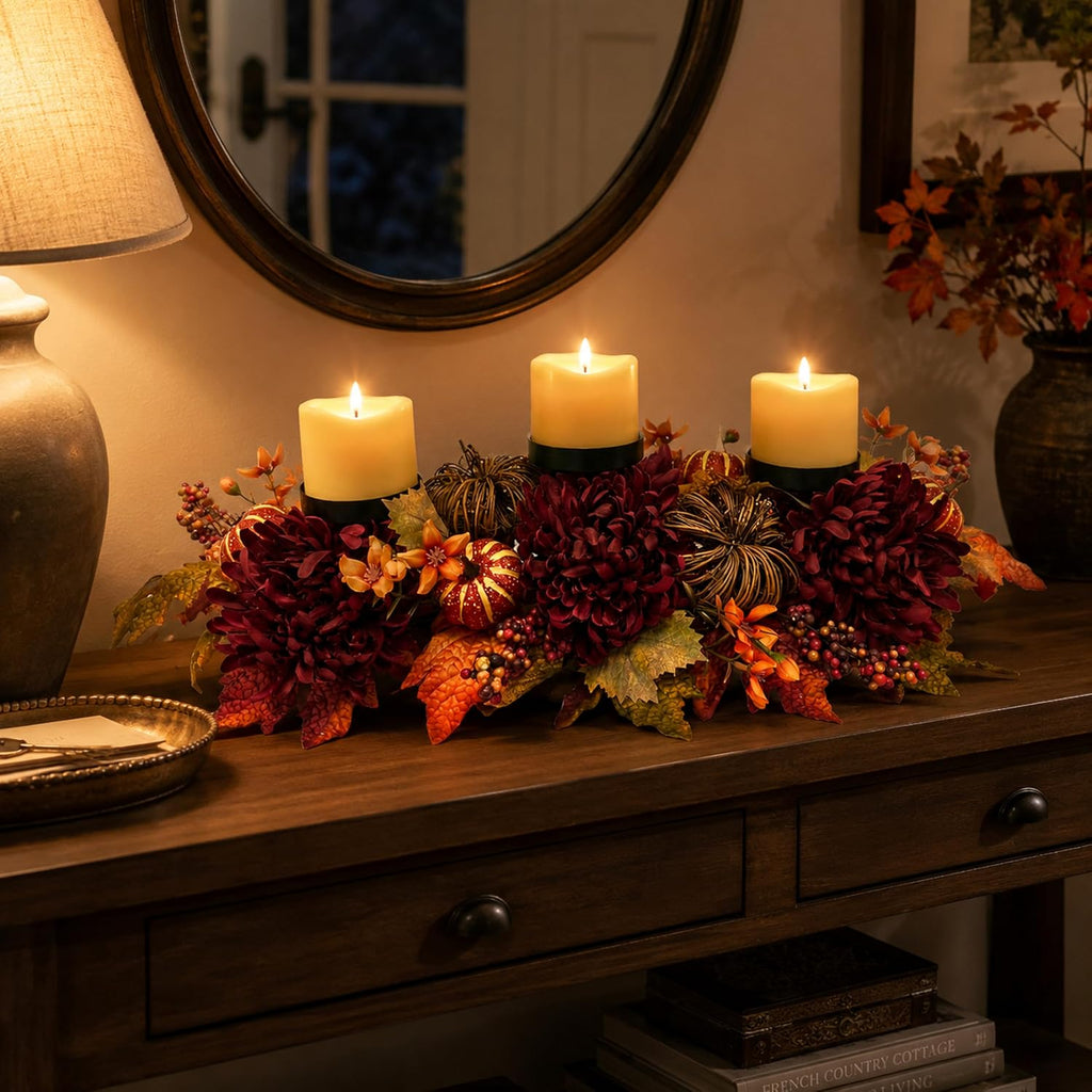 25" Fall Candle Holder Centerpiece with Pumpkins for Thanksgiving