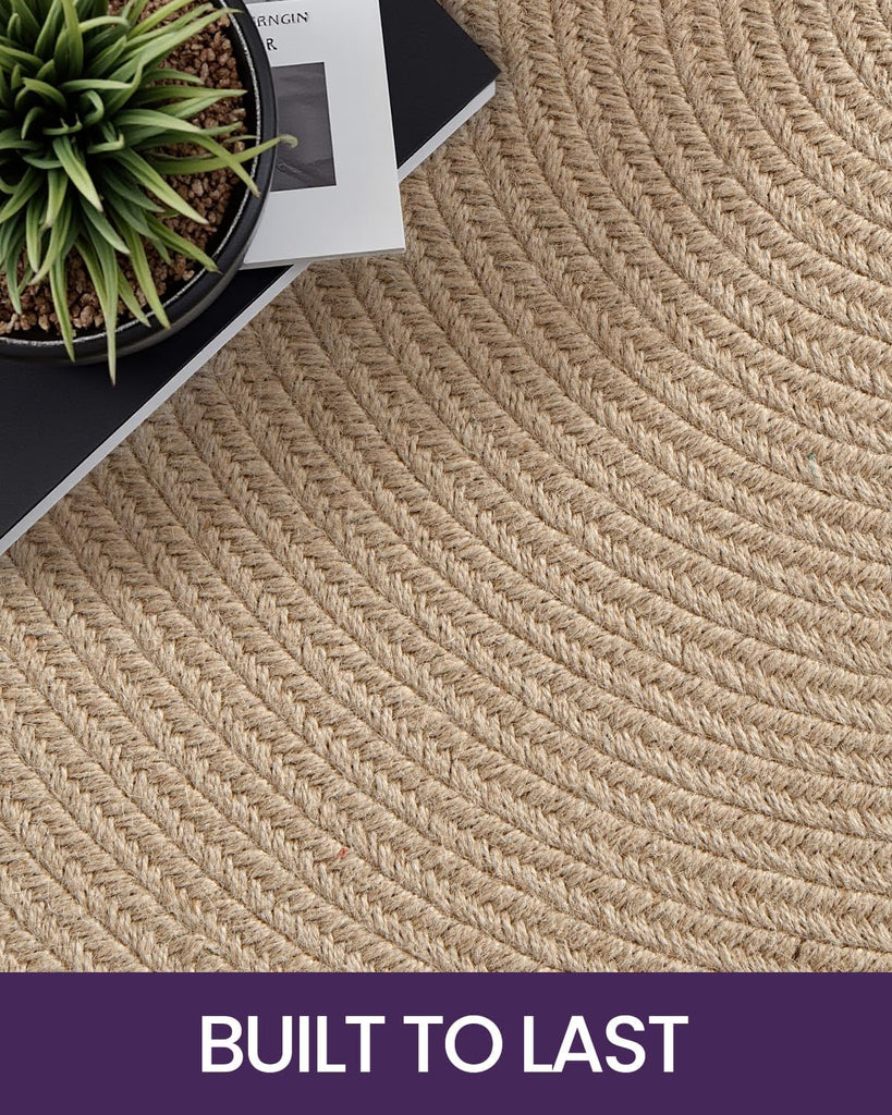 Round Woven Jute Rug 5x5, Indoor Outdoor Area Rugs , Beige | Natural Fiber Handmade Braided Low Pile 5ft Carpet Mat