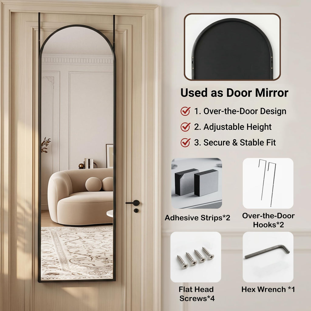 Full Length Mirror, 48" x 14" Over-the-Door Hanging Mirror, Black