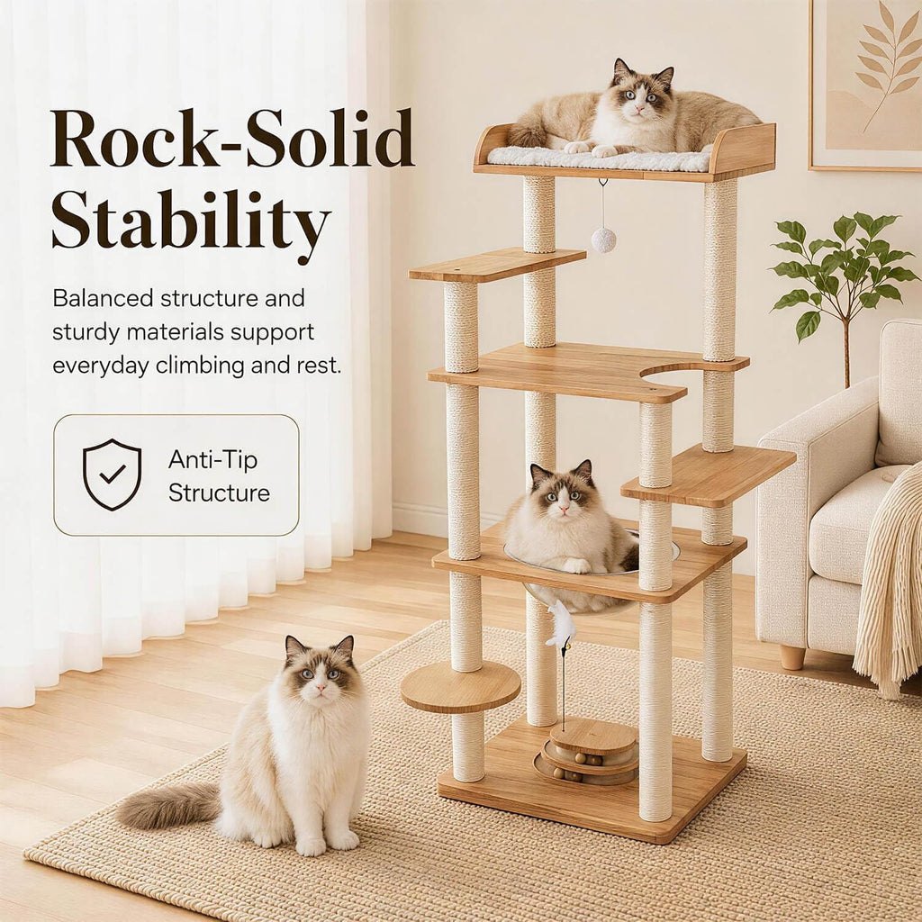 56in Wooden Cat Tree for Large Cats, Tall Sturdy Cat Tower