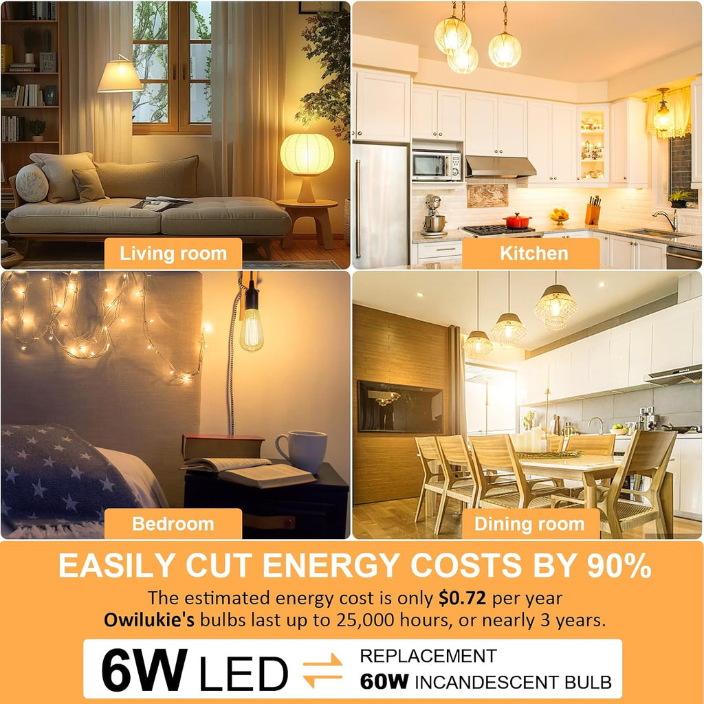E26 LED Bulb 6W Equivalent Edison Light Bulbs 60 watt, ST64 Vintage Edison Bulbs, Warm White 2200K Amber, Dimmable