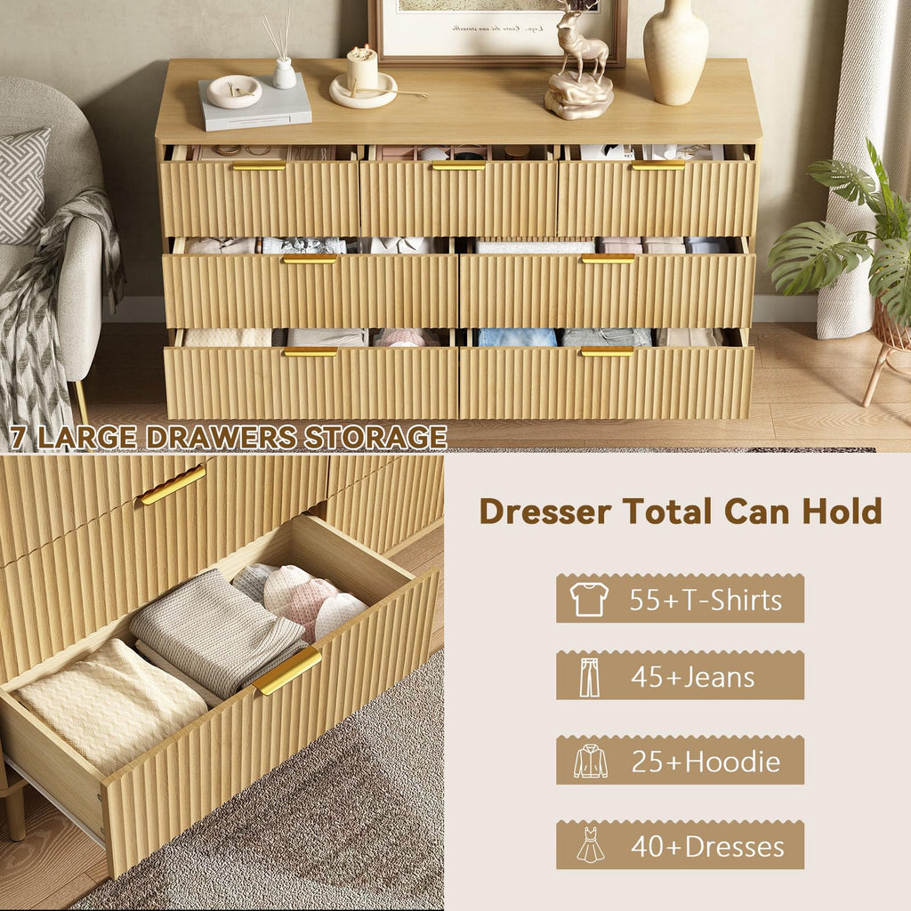 Fluted 7 Drawer Dresser, 55" Wide Wooden Chest of Drawers with Rounded Corners, Gold Handles, Modern Storage