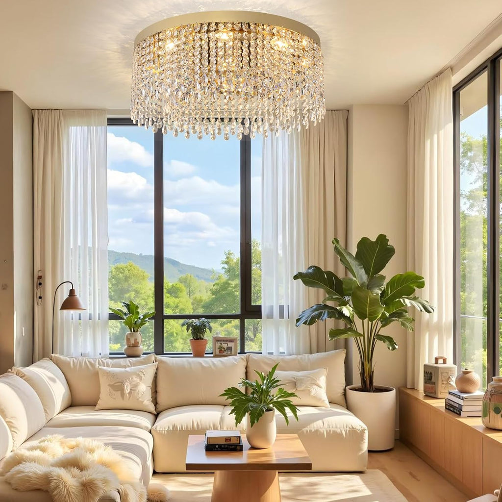 Modern Crystal Chandelier 24 inch Large Gold Chandeliers Ceiling Light Round Raindrop Chandeliers Flush Mount