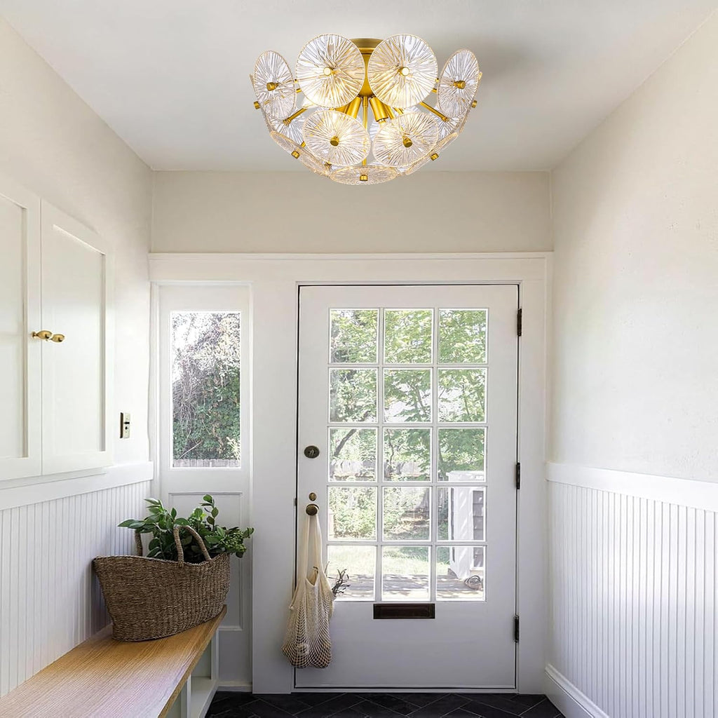 6 Lights Flush Mount Ceiling Light Fixture, 21.85" D Modern Glass Chandelier, Gold Glass Flush Mount Chandelier