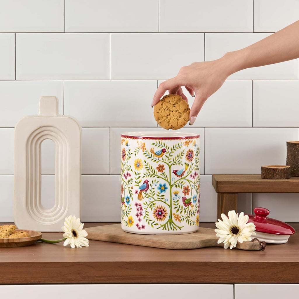 Red Spring Bird Ceramic Air Tight 9 inch Cookie jar, for holding coffee, powder, tea, spices, Microwave