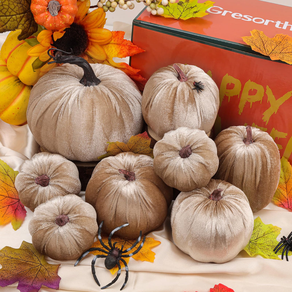8 Pcs Fake Champagne Velvet Pumpkins Artificial Pumpkin Decor