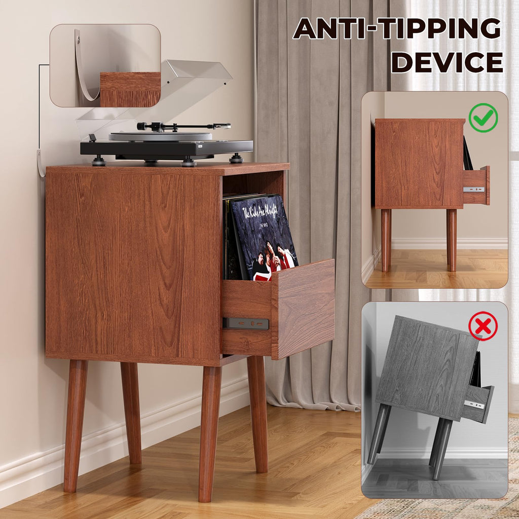 Mid Century Modern Record Player Stand with Vinyl Storage, Brown