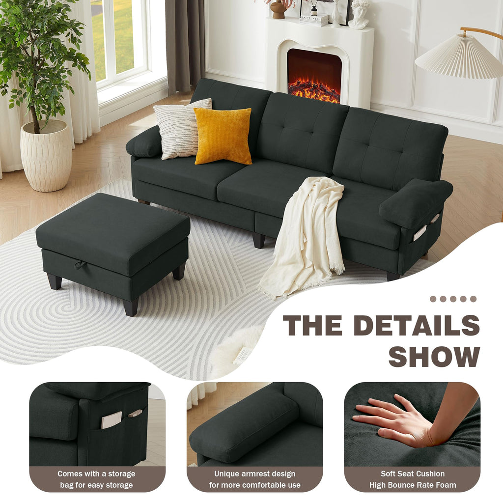 84" Convertible Sectional Sofa, Modern Linen Fabric Small L Shaped Couch with Reversible Chaise, 3-Seat Sofa Couches