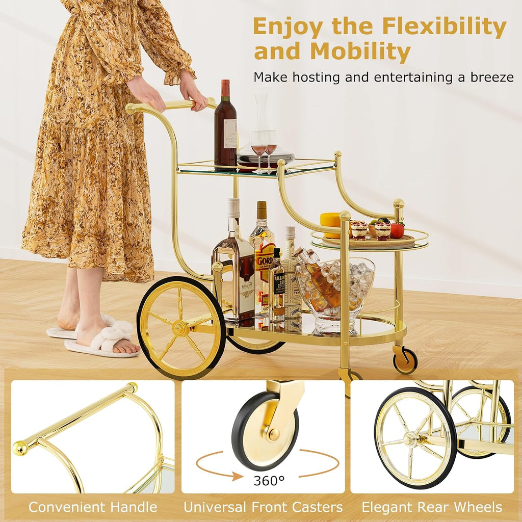 Rolling Serving Cart, 3-Tier Metal Bar Cart with Tempered Glass, 4 Wheels Tea Serving Bar Cart , Gold