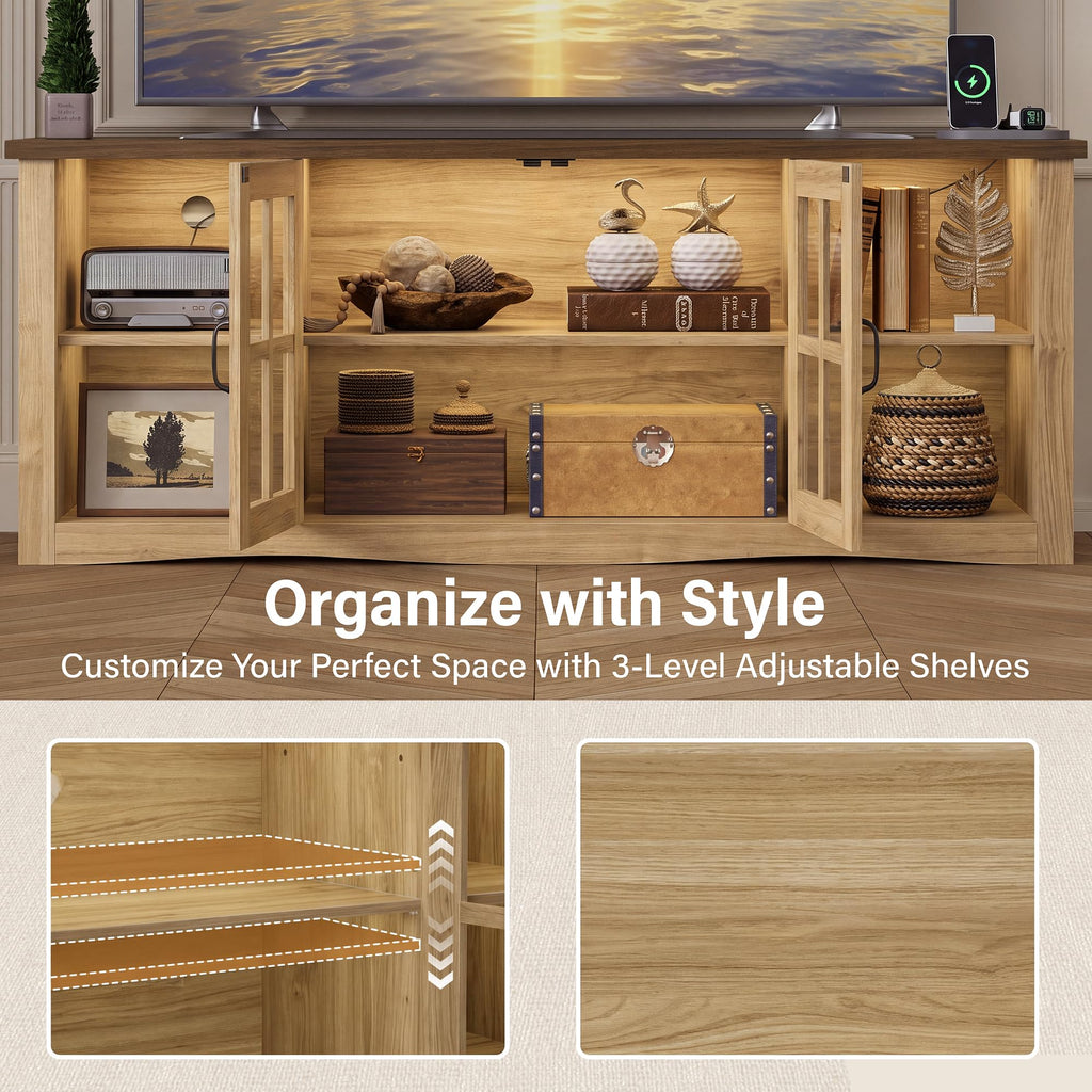 Farmhouse LED TV Stand for 65 Inch TV, with Power Outletr, Warm Oak