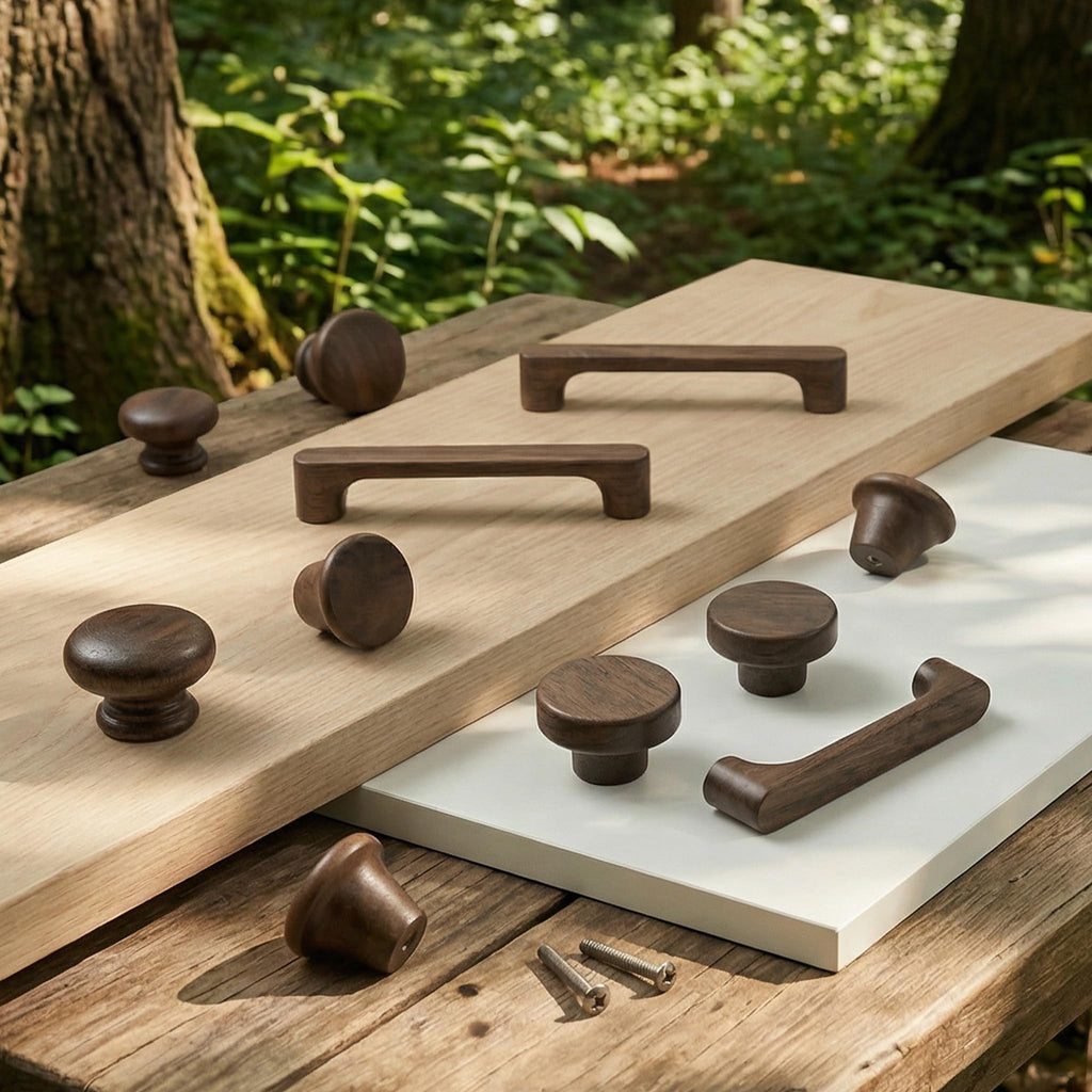 Mid Century Modern Walnut Mushroom Knobs for Cabinet (C-C 5'' Pulls, 6 pcs)