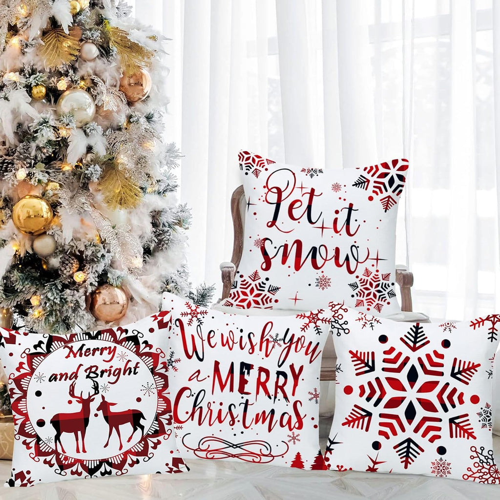24x24 Pillow Covers Christmas Winter Snowflake Baby It's Cold Outside Bright Red Deer Let It Snow Xmas Soft Velvet - Set of 4